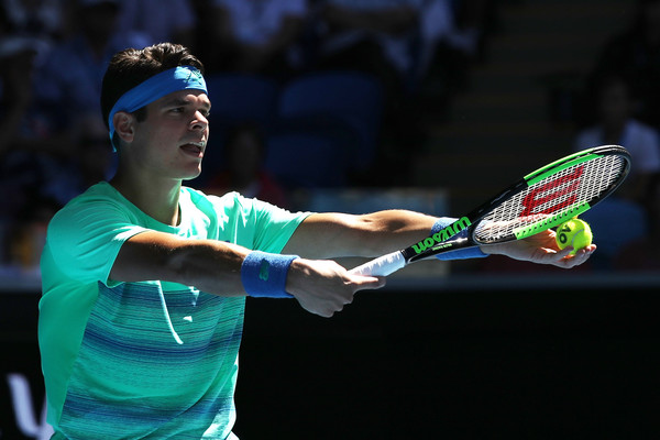 Raonic prepares to serve in his second round win. Photo: Mark Kolbe/Getty Images