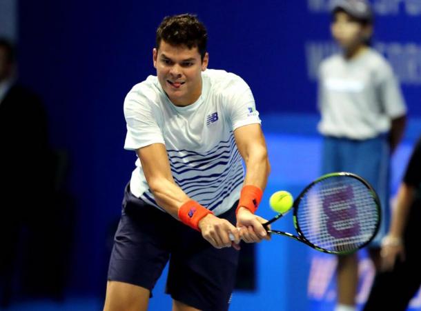 Raonic hits a backhand on Thursday in St. Petersburg. Photo: St. Petersburg Open