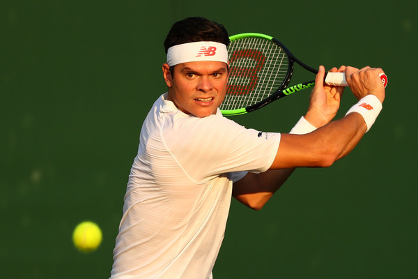 Milos Raonic lines up a backhand during his third round win. Photo: Michael Steele/Getty Images