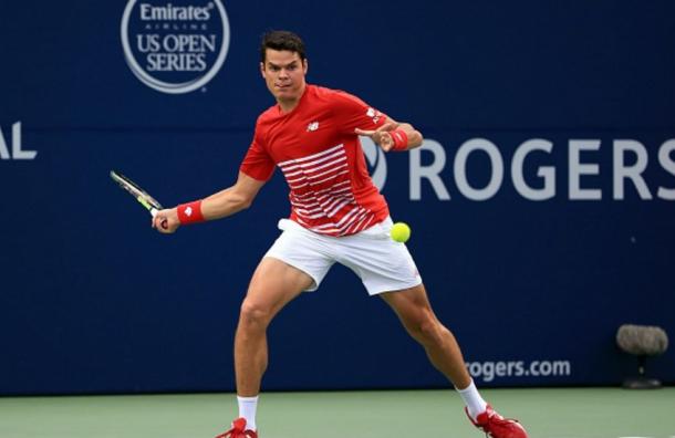 Raonic tees up a forehand on Thursday night in Toronto. Photo: Vaughn Ridley/Getty Images