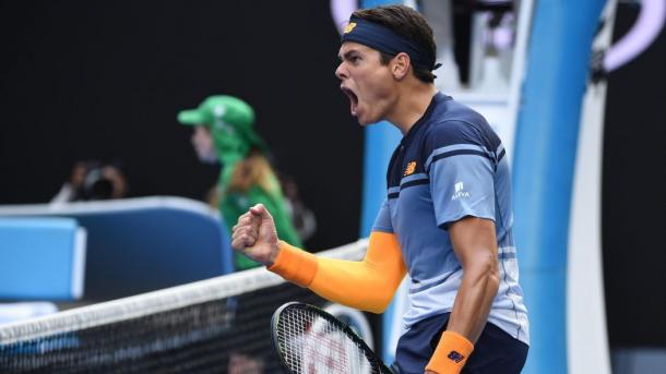 Milos Raonic immediately after converting his match point against Wawrinka. (Photo: AFP)