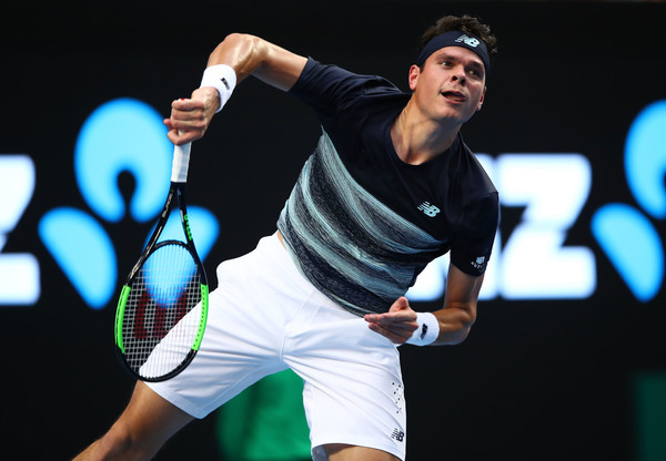 Raonic serves on Monday at the Australian Open. Photo: Clive Brunskill/Getty Images