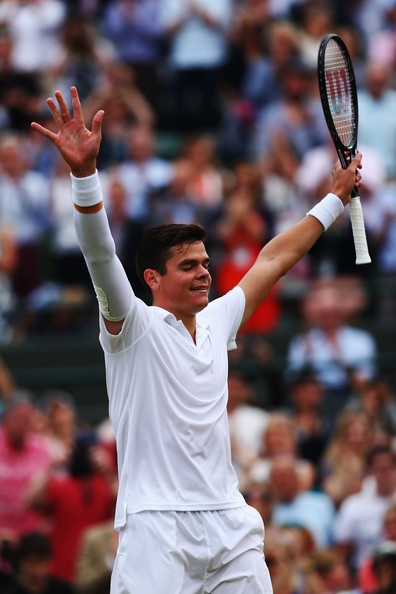 Raonic celebrates his quarterfinal win at Wimbledon in 2014. Photo: Clive Brunskill/Getty Images