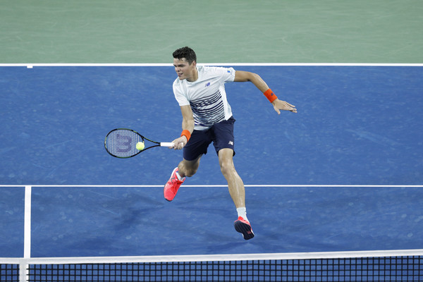 Raonic hits a volley during his semifinal loss in Cincinnati. Photo: Joe Robbins/Getty Images