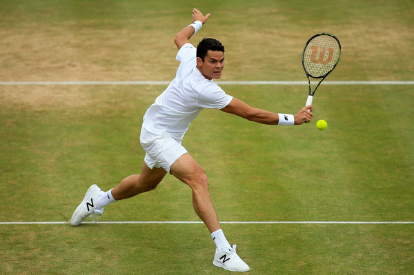 Raonic lunges for a volley during the Queen's Club final. Photo: Ben Hoskins/Getty Images