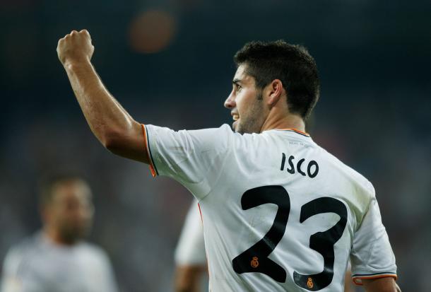 Isco celebrates a goal with Real Madrid.