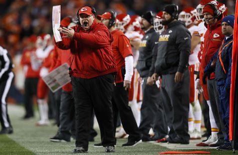 Chiefs head coach Andy Reid calls a timeout during their game against the Denver Broncos | Source: Ezra Shaw - Getty Images
