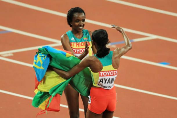 Dibaba and Ayana celebrate after winning silver and gold respectively (Getty/Richard Heathcote)