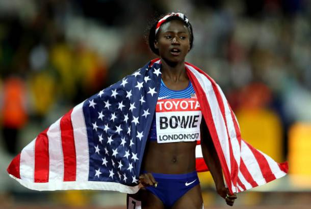 Tori Bowie celebrates her gold medal in London (Getty/Richard Heathcote)
