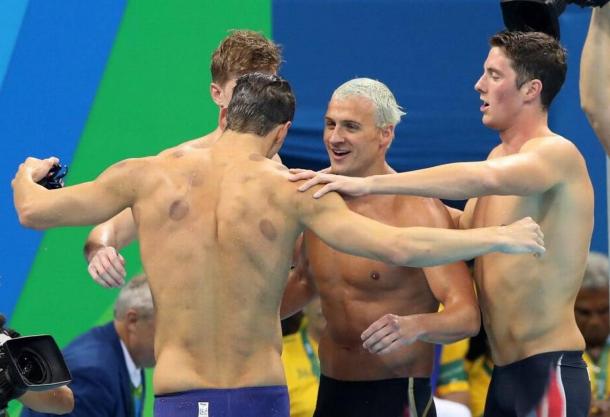 The victorious American 4x200 freestyle relay team/Photo: Lee-jin Man/AP