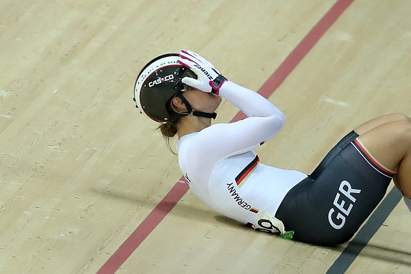 Kristina Vogel lays down on the track after securing her second Olympic title (Getty/Rob Carr)