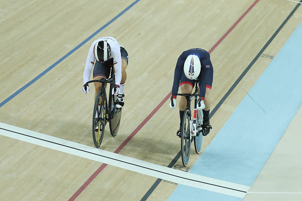 Kristina Vogel edges out Becky James to win the first race in the Women's Sprint final (Getty/Rob Carr)