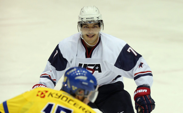 Robbie Russo (7) skates against Team Sweden in a USA Jr Evaluation Camp in 2012. Photo via Bruce Bennett- Getty Images North America