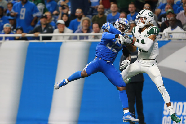 Anderson pulls in Darnold's first career touchdown pass in front of Detroit cornerback Tavon Wilson/Photo: Rey Del Rio/Getty Images