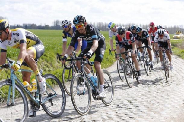 Luke Rowe rides the cobbled roads of the Paris-Roubaix | Photo credit: Cycling Weekly 