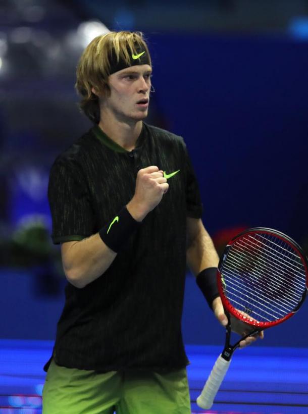 Rublev pumps his fist during his win. Photo: St. Petersburg Open