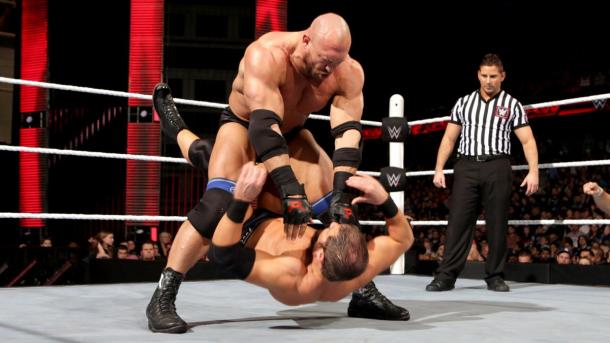 Ryback, seen here in a match with Curtis Axel in March 2016, was not drafted due to ongoing contract disputes with WWW | wwe.com