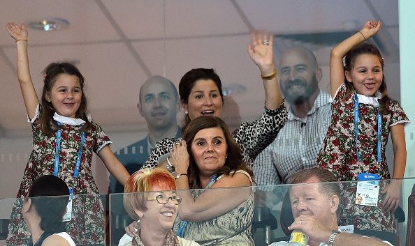 Federer's wife, Mirka Federer (top center), attends the 2016 Brisbane International along with the couple's twin daughters. Credit: Saeed Khan/Getty Images