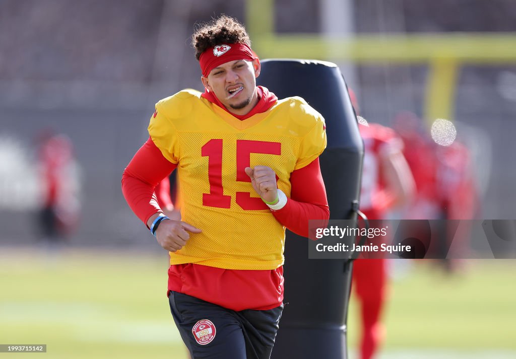 Quarterback Patrick Mahomes #15 warms up during Kansas City Chiefs practice ahead of Super Bowl LVIII at the Las Vegas Raiders Headquarters/Intermountain Healthcare Performance Center on February 07, 2024 in Henderson, Nevada. (Photo by Jamie Squire/Getty Images)