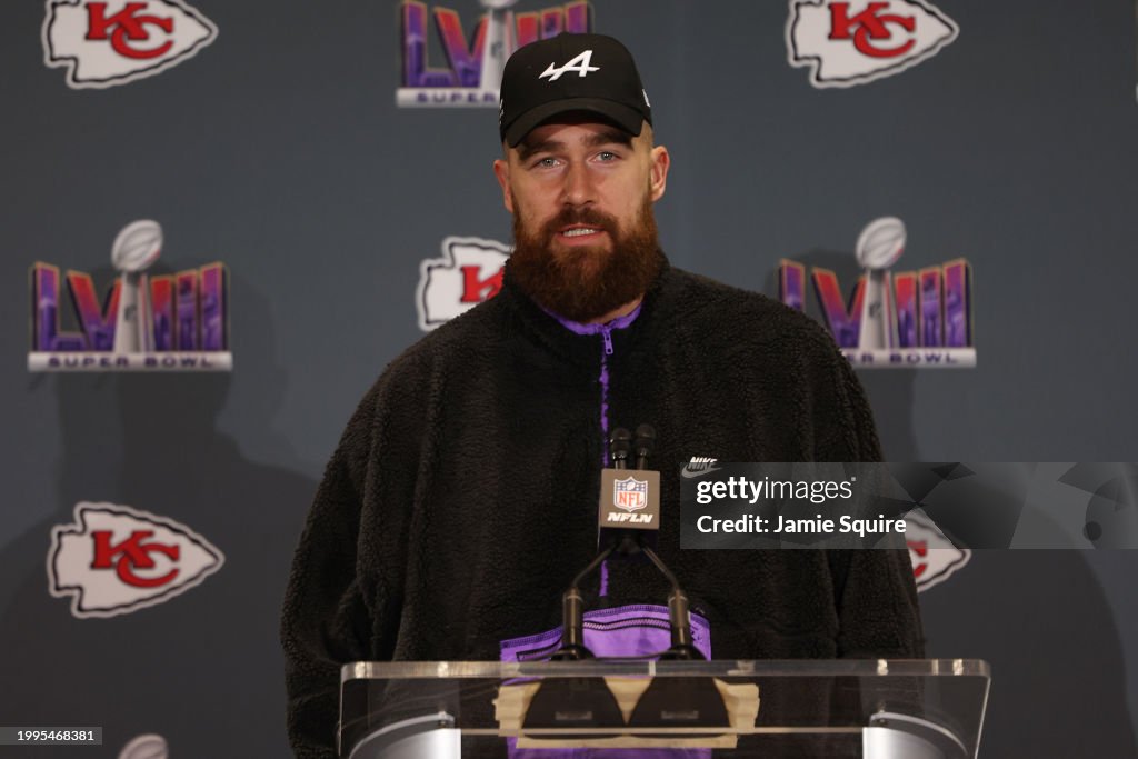 Travis Kelce of the Kansas City Chiefs speaks to the media during Kansas City Chiefs media availability ahead of Super Bowl LVIII at Westin Lake Las Vegas Resort and Spa on February 08, 2024 in Henderson, Nevada. (Photo by Jamie Squire/Getty Images)