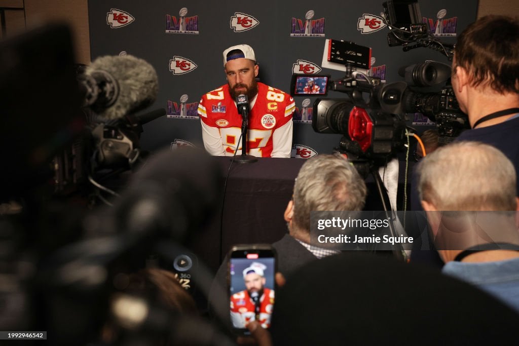 Travis Kelce of the Kansas City Chiefs speaks to the media during Kansas City Chiefs media availability ahead of Super Bowl LVIII at Westin Lake Las Vegas Resort and Spa on February 07, 2024 in Henderson, Nevada. (Photo by Jamie Squire/Getty Images)