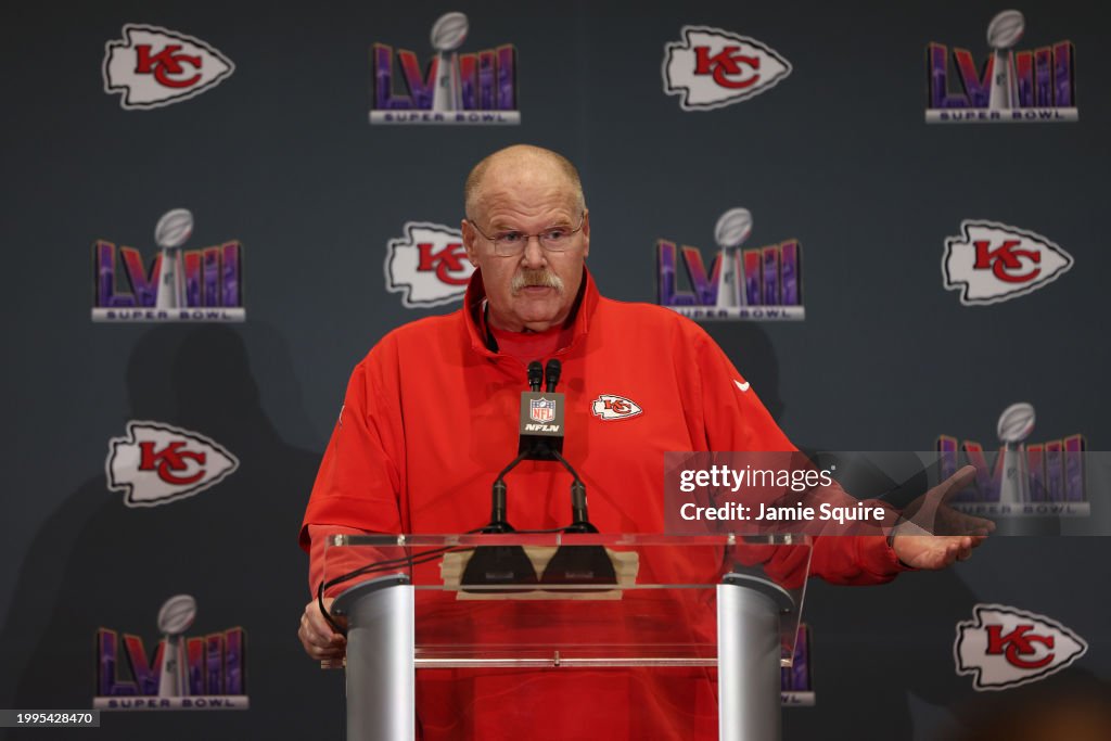  Head coach Andy Reid of the Kansas City Chiefs speaks to the media during during Kansas City Chiefs media availability ahead of Super Bowl LVIII at Westin Lake Las Vegas Resort and Spa on February 08, 2024 in Henderson, Nevada. (Photo by Jamie Squire/Getty Images)