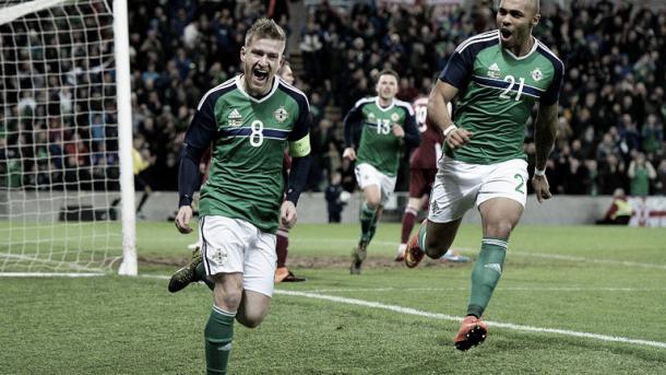 Steve Davis wheels away in celebration after scoring against Latvia. | Image source: Sky Sports