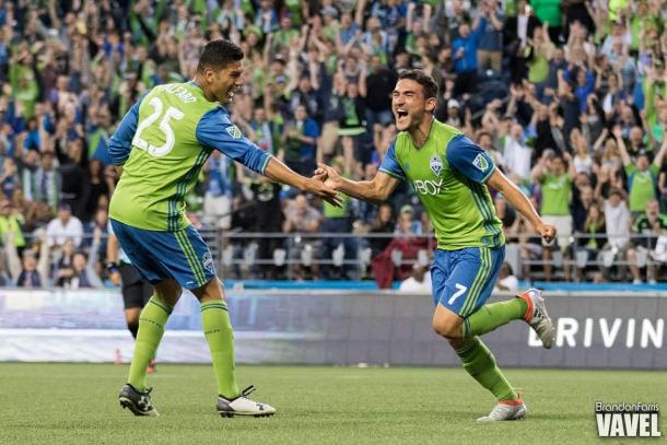 Cristian Roldan celebrates after scroing his first ever MLS goal against FC Dallas | Brandon Farris - VAVEL USA