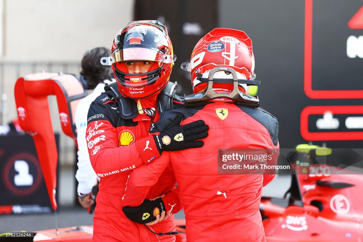 Pole position qualifier Charles Leclerc of Monaco and Ferrari celebrates with Second placed qualifier Carlos Sainz of Spain and Ferrari in parc fere during qualifying ahead of the F1 Grand Prix of Mexico at Autodromo Hermanos Rodriguez on October 28, 2023 in Mexico City, Mexico. (Photo by Mark Thompson/Getty Images)