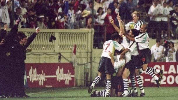 The San Jose Clash players celebrating Eric Wynalda's goal winning goal in MLS inaugural match at Spartan Stadium in D.C. United. Photo provided by Getty Images. 