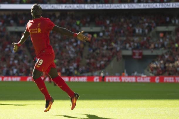 Sadio Mane scoring his first Liverpool goal against Barcelona in their pre-season win at Wembley. (Picture: Getty Images)