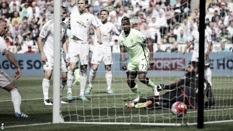 Swansea's defense was caught flat footed when Manchester City scored the opening goal in the first five minutes of the match on Sunday at Liberty Stadium. Photo provided by EPA.