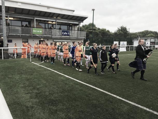 The Hibernian and Glasgow City teams come out ahead of the Final. Photo: Twitter @HibsLadies