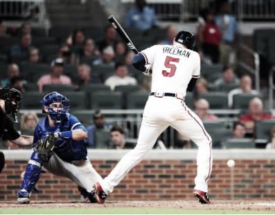 Following Freeman's injury, there were two bench-clearing incidents in the Wednesday game against the Blue Jays and the tension carried into Thursday's loss too. (Photo courtesy of Scott Cunningham / Stringer via Getty Images)