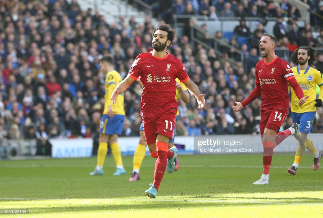 Mohamed Salah celebrating a goal against Brighton (Photo by Rob Newell via Getty Images)