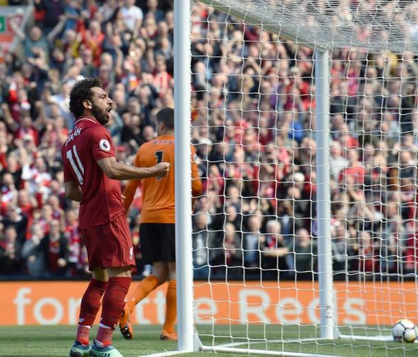 Salah celebra un gol en el último partido | Foto: Liverpoolcf.com