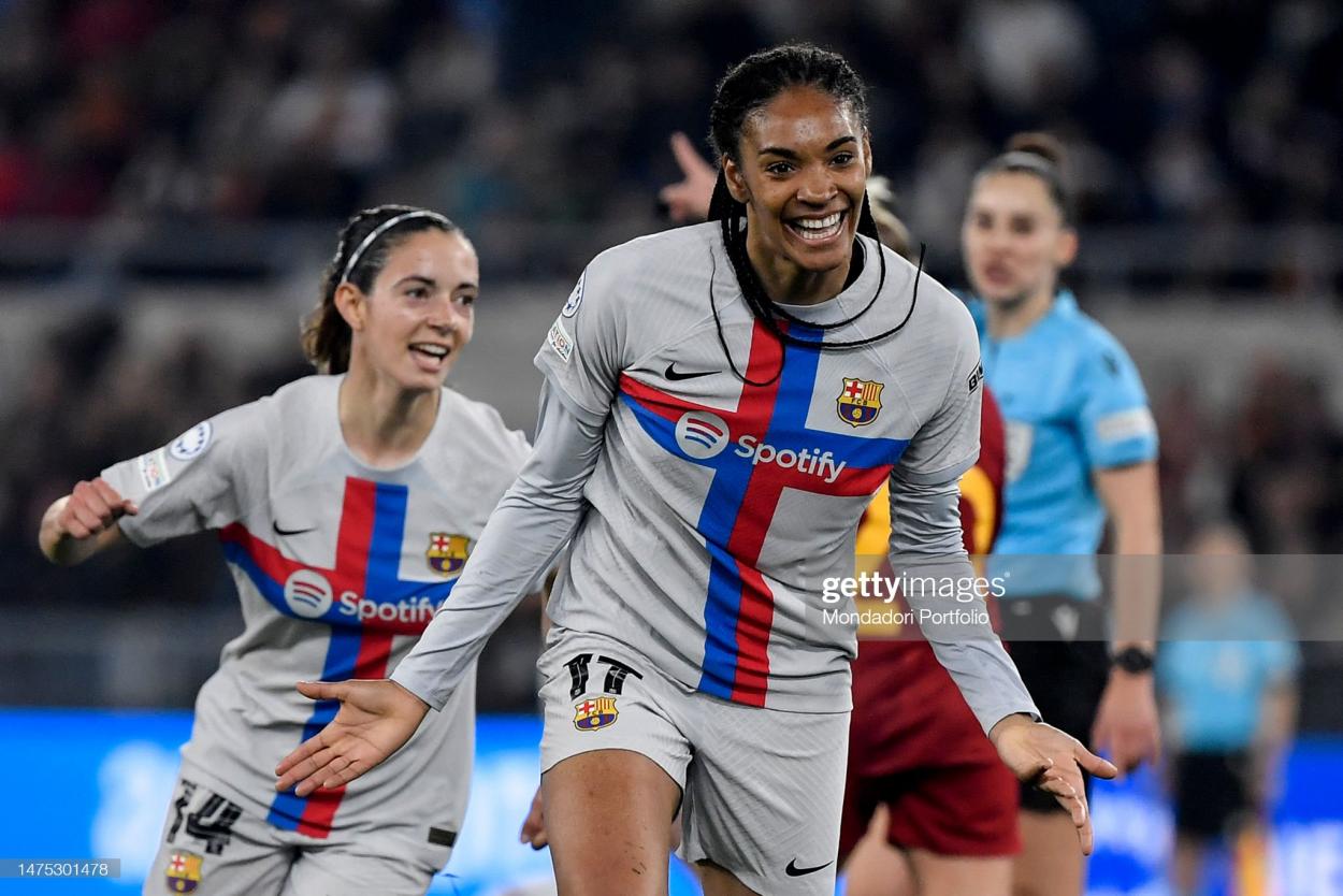 <strong><a  data-cke-saved-href='https://www.vavel.com/en/football/2022/07/01/womens-football/1115820-the-spanish-womens-national-team-euro-squad-the-desire-for-success-but-a-managerial-failure.html' href='https://www.vavel.com/en/football/2022/07/01/womens-football/1115820-the-spanish-womens-national-team-euro-squad-the-desire-for-success-but-a-managerial-failure.html'>Salma Paralluelo</a></strong> of FCB Barcelona celebrates after scoring the goal of 0-1 during the Women Uefa <strong><a  data-cke-saved-href='https://www.vavel.com/en/football/2023/03/25/womens-football/1141814-now-it-is-up-to-us-to-execute-it-jonas-eidevall-filled-with-confidence-as-derby-day-victory-provides-perfect-preparation-for-bayern.html' href='https://www.vavel.com/en/football/2023/03/25/womens-football/1141814-now-it-is-up-to-us-to-execute-it-jonas-eidevall-filled-with-confidence-as-derby-day-victory-provides-perfect-preparation-for-bayern.html'>Champions League</a></strong> quarter finals football match between AS Roma and FCB Barcelona at stadio Olimpico. Rome (Italy), March 21th, 2023. (Photo by Elianto/Mondadori Portfolio via Getty Images)