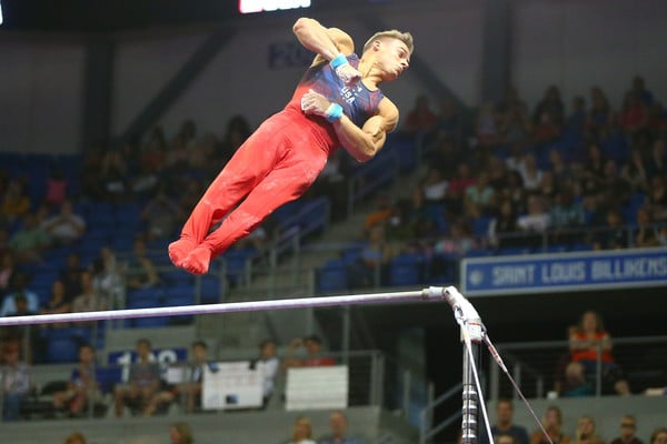 Mikulak during the high bar competition. Photo: Dilip Vishwanat/Getty Images