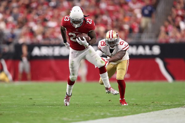 Running back Chris Johnson #23 of the Arizona Cardinals runs the ball past free safety Jaquiski Tartt #29 of the San Francisco 49ers. |Source: Christian Petersen/Getty Images North America|