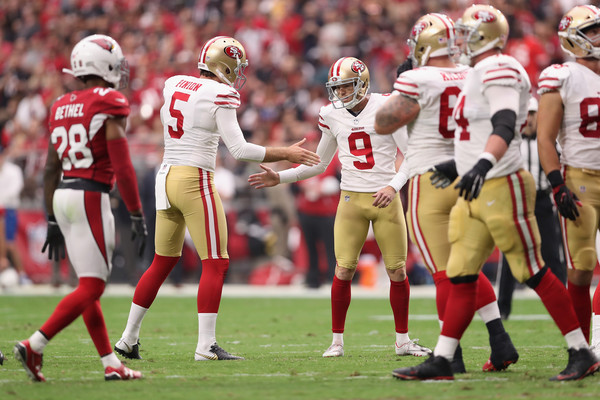 Kicker Robbie Gould #9 of the San Francisco 49ers reacts with punter Bradley Pinion #5 after kicking a second quarter field goal. |Source: Christian Petersen/Getty Images North America|