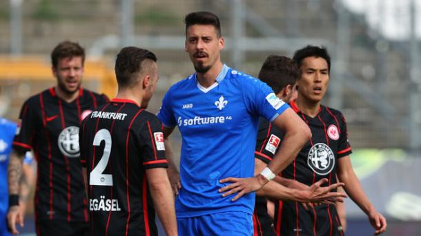 Darmstadt talisman Sandro Wagner looks on after his missed penalty in last week's crucia match against Frankfurt (Source: Sport1.de/Getty Images) 