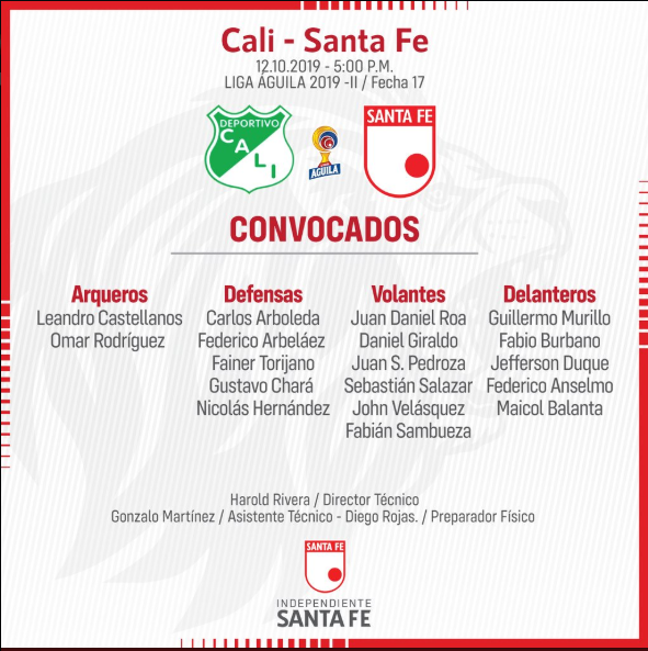 Los convocados de Santa Fe. Vuelven Balanta y Pedroza. Imagen: @SantaFe