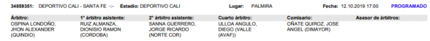 Equipo arbitral Dep.Cali vs Santa Fe. Imagen: Federación Colombiana de Fútbol.