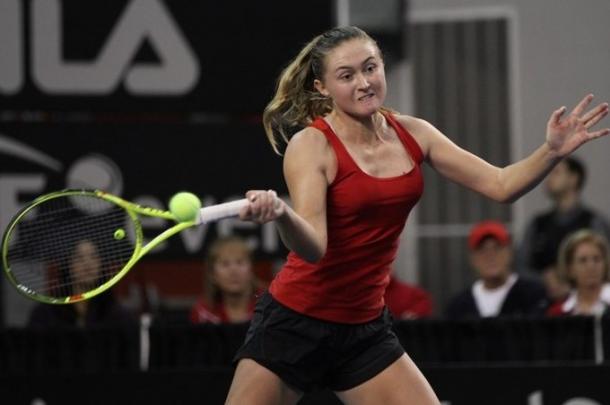 Sasnovich plays a forehand during her singles win on Sunday. Photo: Fed Cup