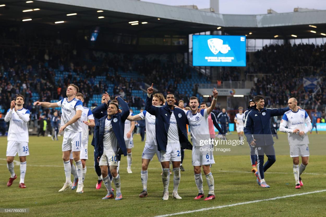 Schalke 04 celebrate their 2-0 win over VFL Bochum last weekend PHOTO CREDIT: DeFodi Images