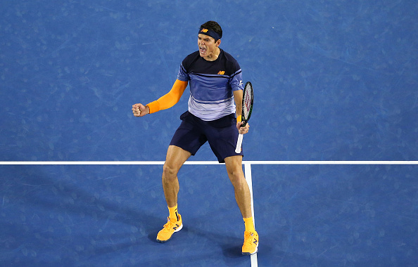 Milos Raonic celebrates his quarterfinal victory over Gael Monfils. Credit: Scott Barbour/Getty Images