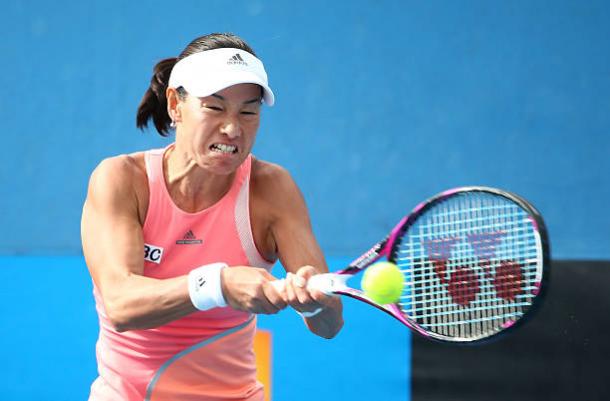 Kimiko Date-Krumm in action against Armandine Hesse in 2016 Australian Open qualifying, the last time she appeared on court (Getty/Scott Barbour)