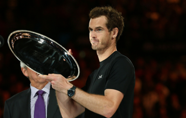 Andy Murray of Great Britain holds the runner up plate after losing in his men's final match against Novak Djokovic of Serbia during day 14 of the 2015 Australian Open at Melbourne Park on February 1, 2015 in Melbourne, Australia. (Photo by Clive Brunskill/Getty Images)