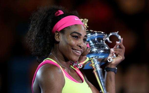 Serena Williams of the United States holds the Daphne Akhurst Memorial Cup after winning the women's final match against Maria Sharapova of Russia during day 13 of the 2015 Australian Open at Melbourne Park on January 31, 2015 in Melbourne, Australia. (Photo by Hannah Peters/Getty Images)