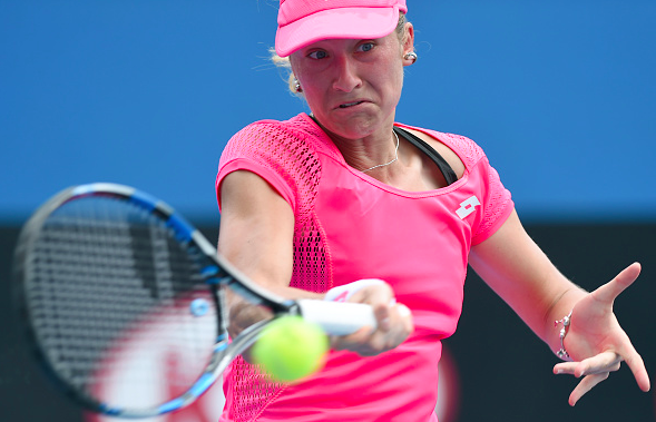 Denisa Allertova hits a forehand during her match at the Australian open. (Photo: Getty Images/AFP/Greg Wood)